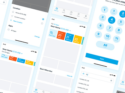 Hoop Homepage 🏡 age selector android app date picker date selector design find finder functionality homepage kids location product design search search bar search box search results searching user experience