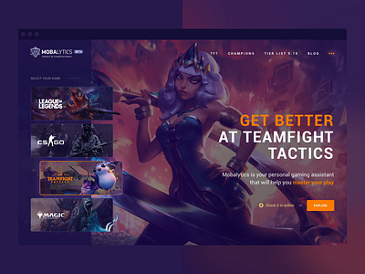 Mobalytics esport landing page hub app cards csgo design esport esports gaming hub interface landing lol moba switch tabs tft ui website