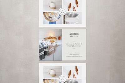 Abode Shoppe — Open House Invite boutique brand design brand identity branding classic clean design globally made graphic design handmade home decor interior design invite logo moyo studio open house simple design sub marks texture typography