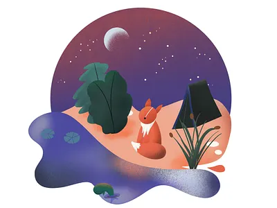 Gazing Fox (Paper Boat by Gal Shir Rebound) blue camping design drawing fox illustration julia barry moon nature orange procreate procreate app procreate art procreateapp purple rebound sky stars sunset tent