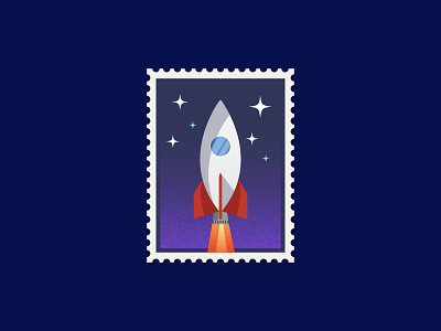 Rocket Stamp art design drawing dribbbleweeklywarmup fly illustration moon night post poster rocket simple space speed stamp stamp design stars starship travel vector