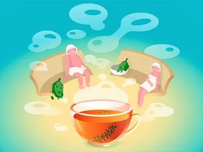 Steamroom bowl broom cup of tea folk illustration man party people sauna steam room steamroom sweating room tea tea cup teacup team vector woman