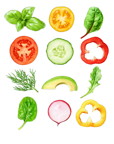 Vegetable illustrations for Gooh Food avocado basil chard cucumber paprika tomatoe