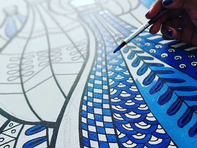 Painting in process art artist blue doodle graphic designer hot air balloons mandala painting