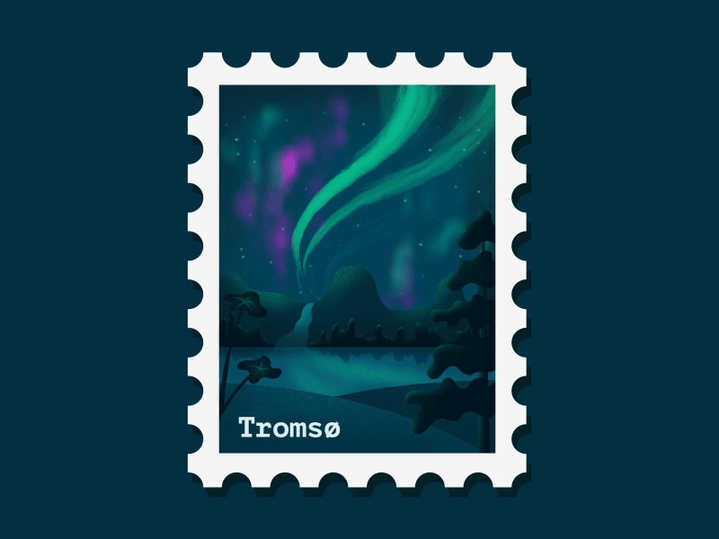 Norway – Weekly Warmup destination dribbbleweeklywarmup motiongraphics northern lights norway postage stamp rebound tromso