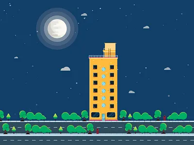 Flat Art Illustration 2d adobe art building blocks buildings clean design flat flat design house illustration illustration moonshine roadside trees vector