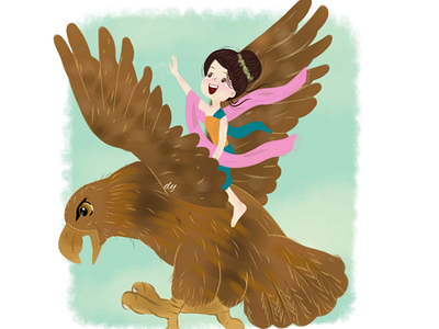 garuda bird and little girl childrenbook fairytale childrenillustration