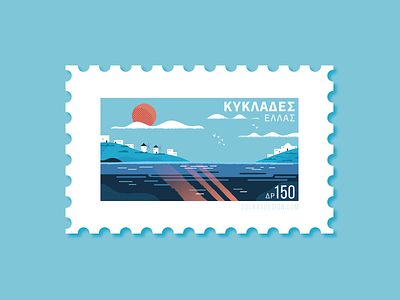 Cyclades islands, Greece - Dribbble Weekly Warm Up Shot::: buildings cyclades greek islands illustration landscape light sea stamp summer sun vector vector illustration weekly warm up