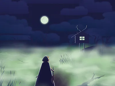 After the storm corbie crow fog full gale hut illustration luna marshland mist moon moonlight night nighttime raven sorceress storm vector weather witch