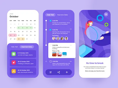 UI Design for Calendar Task Manager activity bright color calendar clean design colorful daily task dates illustration minimal purple task task manager vector work