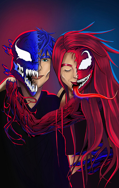 Symbiotic Duo - Perfect for Comic Book Covers, Posters, Merchand blue carnage characterdesign comicart comicbook contrast digitalart duo dynamic fanart illustration marvel procreate red superhero symbiote venom vibrant villain