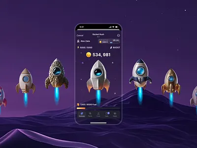 Rocket Rush - Telegram Clicker | Mini App Design bitcoin blockchain app clicker clicker design clicker game coin collector crypto game earn to play ethereum gaming app idle game mobile mobile game product design tap game tap to earn telegram clicker telegram mini apps ui ux web3 clicker