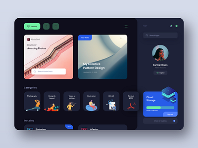 Creative Cloud Design Concept app appstore black blue colors creative dark dark app design experience plugins recommendation software suggestions ui uidesign uiux uiuxdesign ux