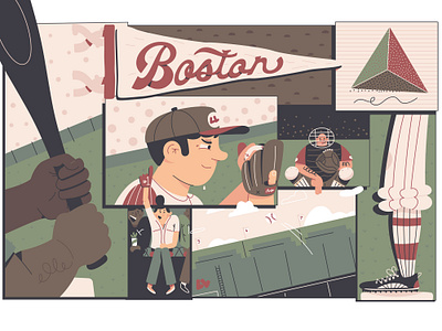 Boston Mural baseball bat batter boston catcher character flag grid hat helmet illustration mask massachusetts mlb mural pitcher red sox sox sports