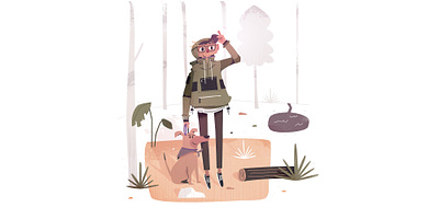 me and p camp camper camping character dog explore fall foliage forest hike hiker illustration jacket log nature outdoors river scene wander woods