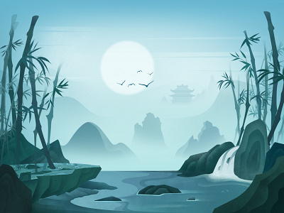 Chinese bamboo forest bamboo illustraion lake mist moon