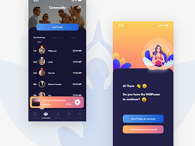 Meditation App UI in Progress 2019 app design colorful dark theme dark ui illustration meditation meditation app minimal ranking trend 2019 trendy typography ui ui design ux ux design