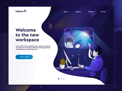 Work in space with maboer landing page and hero Animation animation astronaut design flat galaxy illustration planet rocket space spaceship ui ux vector web website workspace