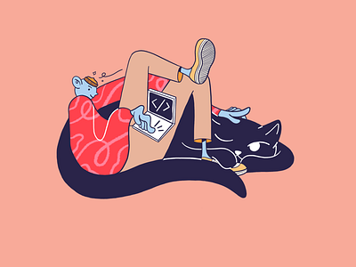 Work with comfort boy cat character design flat illustration procreate