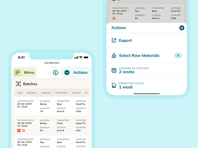 Mobile Table View & Actions – NutriOpt for Nutreco actions animals average dense farm feed hamburger interface materials predict raw table tablet web app web apps webdesign