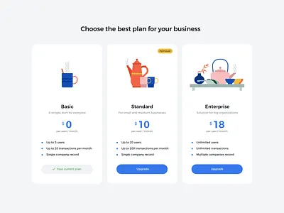Simple Pricing Screen flat illustration plan pricing subscription table tea teapot ui vector