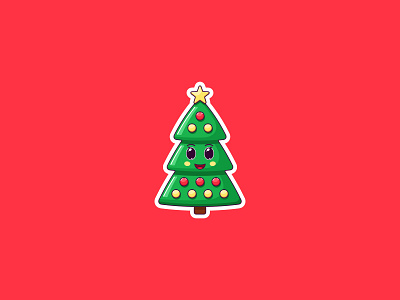 Kawaii Christmas Tree, Sticker baby cartoon character cheerful christmas tree comic cute emoji emotion funny happy holiday illustraion joyful kawaii kid noel star sticker xmas