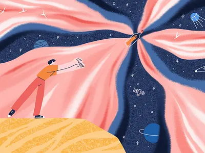 Be curious art bottle character color contact cosmos curious drawing illustration man message planet sky space stars