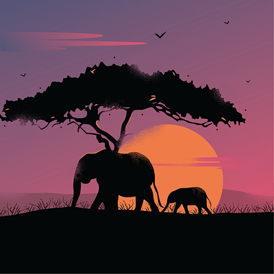 Elephant Journey birds clouds elephants forest journey nature sunset walking