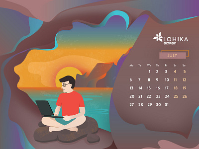 Calendar 2020 July 2020 beaty calendar character concept flat human illustration inspiration july nature ocean sea simple stone sun sunset vector