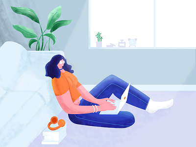 Working girl books carpet character character design clean design girl girl character glasses headphone illustration krixi laptop sitting socks sofa sunshine tree window working