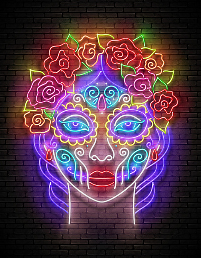 Neon Light Catrina Calavera, Mexican Day of the Dead 3d calavera catrina day of the dead dia de los muertos halloween holiday mexican mexico neon realistic vector