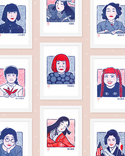 Japanese Women Who Changed the World Riso Prints duotone feminist illustration japan japanese japanese culture riso risoprint women