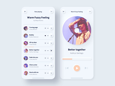 Music Player app clean interface ios minimal mobile music play button player playlist progress bar record skeumorph skeumorphism soft soft ui ui ux vinyl