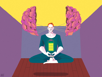 Geuria Magazine: Mindfulness in Sports battery brain character design colourful dani maiz editorial illustration illustration magazine illustration meditation mindful mindfulness sport theraphy