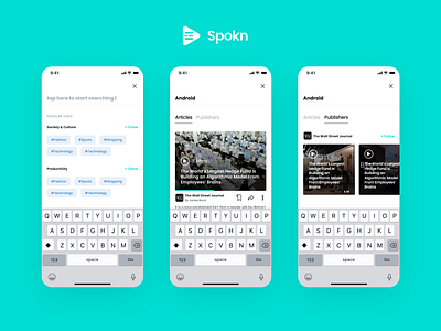 Spokn - Audio Narrated Articles Search and Explore app articles audio audio player clean content explore minimal music search search results simple tabs ui ux