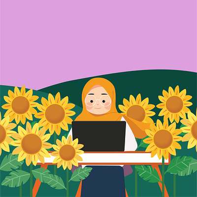 sunflower fields artwork characterdesign design drawings girls glasses hijab sunflower woman work