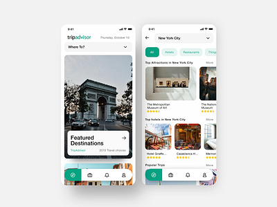 Tripadvisor Mobile App _ Redesign bar card digital favorite green grid hotels list navbar navigation plane search search bar search results slider tabs trip trip planner ui view