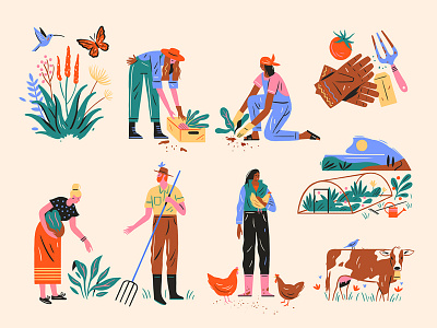 Farming Spots agriculture cow design editorial editorial illustration farm farming flat fynbos gardening graphic illustration nature people plants simple spot illustration vector