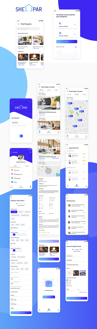 Tenant App Screens app design application application ui appointments create account design mobile notifications property app property information property listing rent search property shellpar shelter sign in signup tenant ui user profile