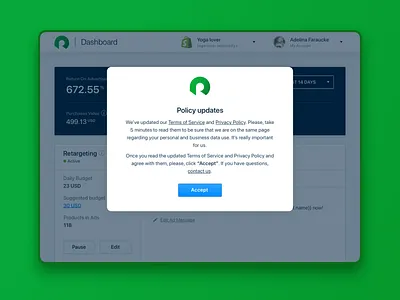 GDPR. Before and after the May 25, 2018. RetargetApp banner gdpr interface modal window policy privacy policy product design terms of service ui update ux