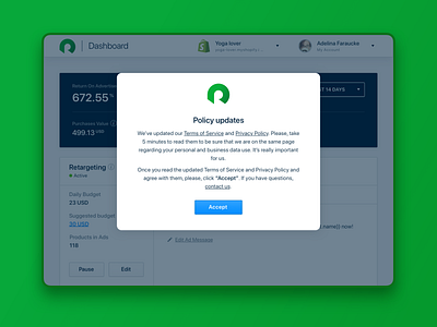 GDPR. Before and after the May 25, 2018. RetargetApp banner gdpr interface modal window policy privacy policy product design terms of service ui update ux