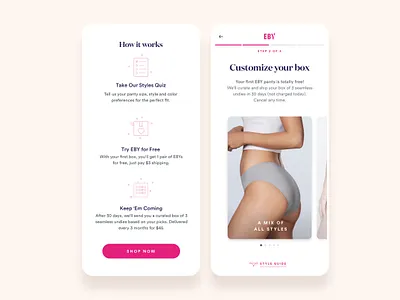 EBY Responsive Site and Subscription Flows b2c consumer creative direction design fashion microfinance mobile pink responsive serif subscription ui underwear user flows ux website women