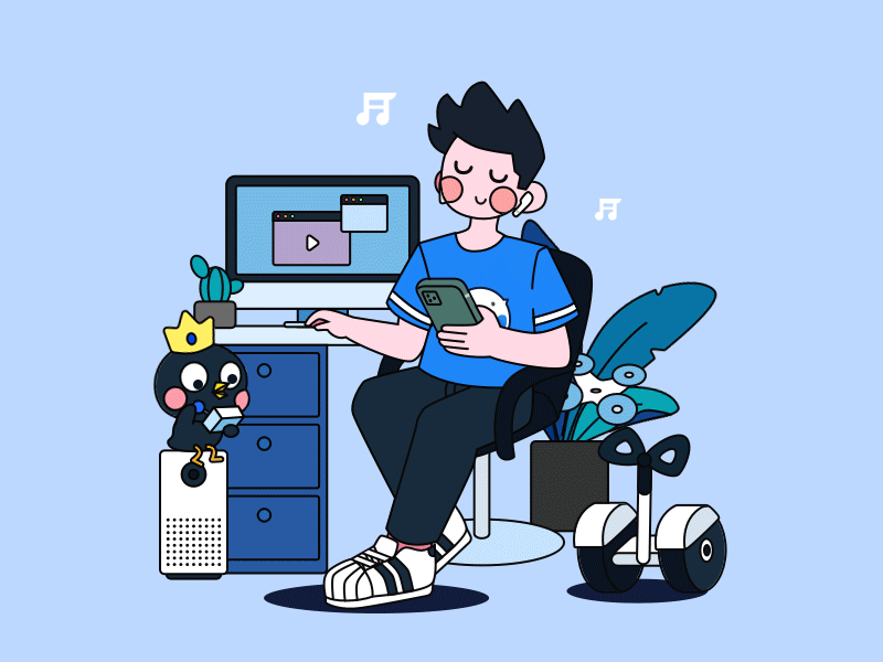 Quiet afternoon without noise airpods animation 2d blue computer digital imac like music office peace ps rest sketch social technology work