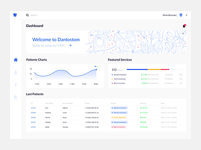 CRM - Dentostom animation chart clients colorful crm crm guide dashbord dentistry graphics healthcare hospital overview pagination product design search services tables transactions webdesign widgets