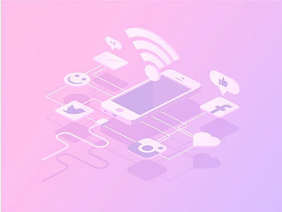 Social Media adobe adobe illustrator background facebook flat gradient icon instagram iso isometric isometric illustration mail phone purple smile twitter wifi