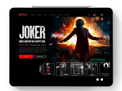 Netflix Concept UI 100 shot adobexd animation app card design carousel drag and drop hover effect interaction ipad joker motion movies netflix prototype redesign slider smart tv uiux vod