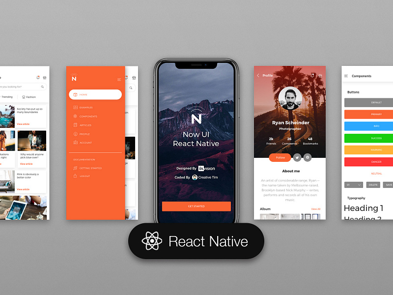 Now UI React Native app app design articles design free freebie mobile mobile design onboarding profile react native screens sidebar sketch ui ux