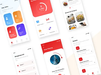 Fitness and Food App Design appdesign dashboard eventsapp fitnessapp foodapp gradients health healthapp home icons mobileapp music musicplayer redcolor reminders uidesign