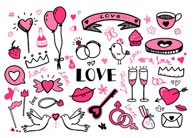 Valentine day set in cartoon style. Love elements in pink colors art cartoon cute girly hipster icons illustration isolated logo love pink print set stickers tatoo valentine day vector