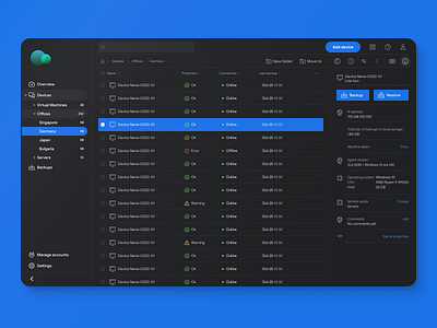 Backup management tool Dark Theme app backup dark mode theme dark ui device drive hard disk machine management organize performance protect recovery responsive secure tablet tool ui ux virtual